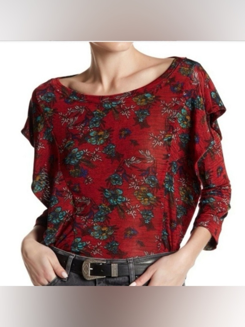 Free People - Dock Street Red Floral Ruffle Accents Quarter Sleeves Blouse SZ LG
